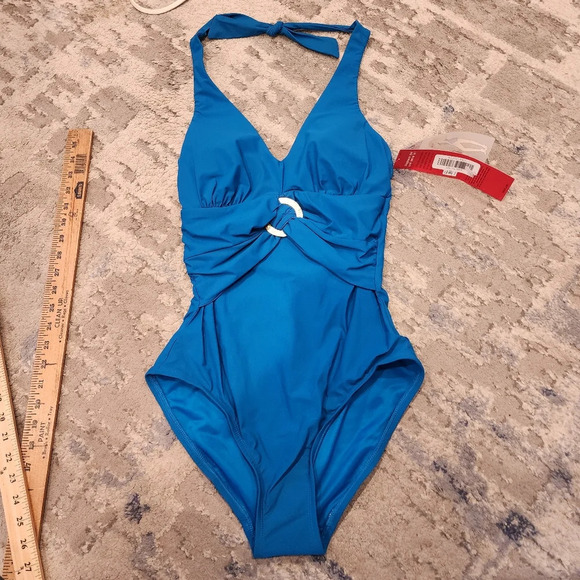 NWT Spanx Blue Shaping Halter one piece swimsuit. Women's size 8. - Picture 3 of 16